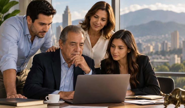 Quatro pessoas de diferentes gerações reunidas em volta de um notebook, num escritório